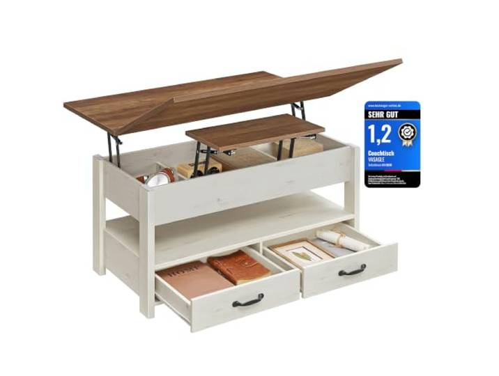VASAGLE Couchtisch, höhenverstellbar, Gaszylinder, 2 Schubladen Wohnzimmertisch, 3 Fächer unter der Tischplatte, 1 offenes Fach, honigbraun und vintageweiß, SIREN Kollektion LCT254W01