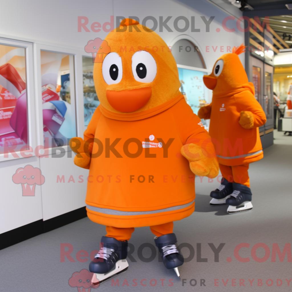 Maskottchen REDBROKOLY eines orangefarbenen Paar Schlittschuhe mit Kapuzenpullover und Schlüsselanhängern