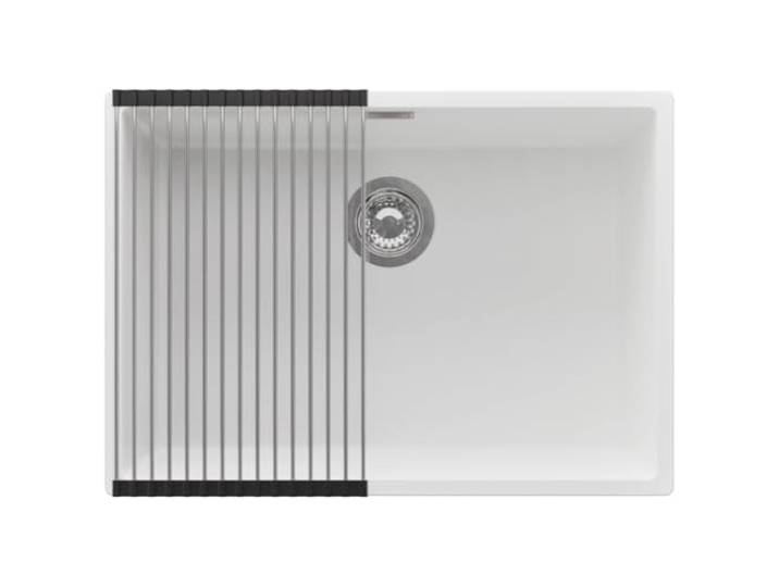 PRIMAGRAN Unterbauspüle ab 70er Unterschrank + Ablauf-Set, 66x47cm Set: Ablauf-Set (Siphon, Ablaufgarnitur, Überlauf) + Abtropfmatte + Spülbecken 1 Becken - London, Weiß