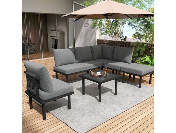WOVREO salon bas de jardin 6 places avec canapé d'angle fauteuil table basse verre corde tressée gris