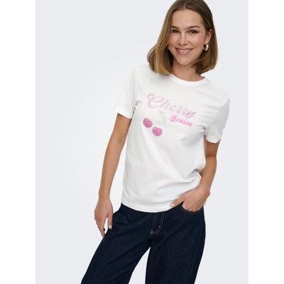 Kurzarmshirt ONLY "ONLNIKITA REG S/S TOP BOX JRS", Damen, Gr. S, weiß (hellweiß print:cherry season), Jersey, Obermaterial: 100% Baumwolle, bedruckt, regular fit normal, Rundhals, Shirts, Baumwolle, regular fit, Rundhals, Regular Waist