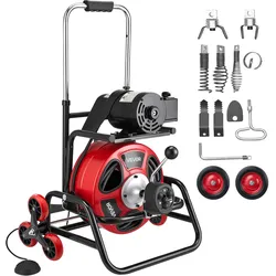 VEVOR Rohrreinigungsmaschine φ12,7mm x 30 m, Reinigungsspirale mit Automatischer Zufuhr, Kletterrädern, verstellbarer Trommel, 8 Schneidmessern & Fußschalter für Rohrdurchmesser von 50 bis 150 mm