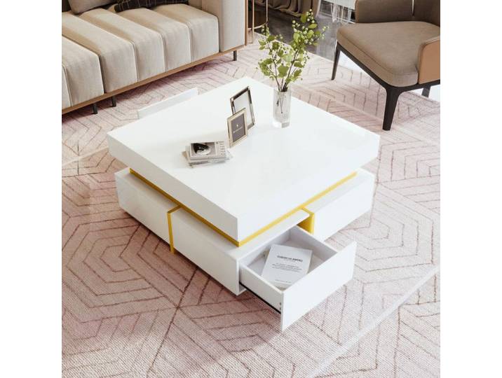 Table Basse avec Tiroirs et Bordure DoréE - Table Basse Haute Brillance - ConçU Pour La Maison et Le Bureau - Blanc