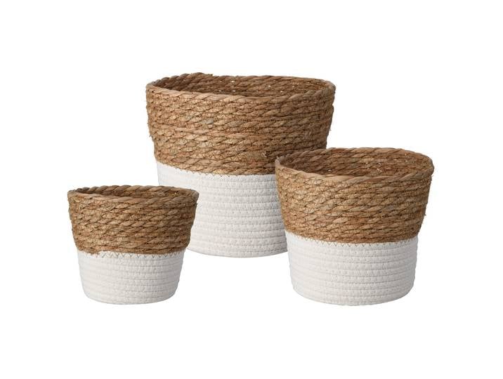 Körbe rund, 3er-Set aus weisser Baumwolle und Naturgeflecht