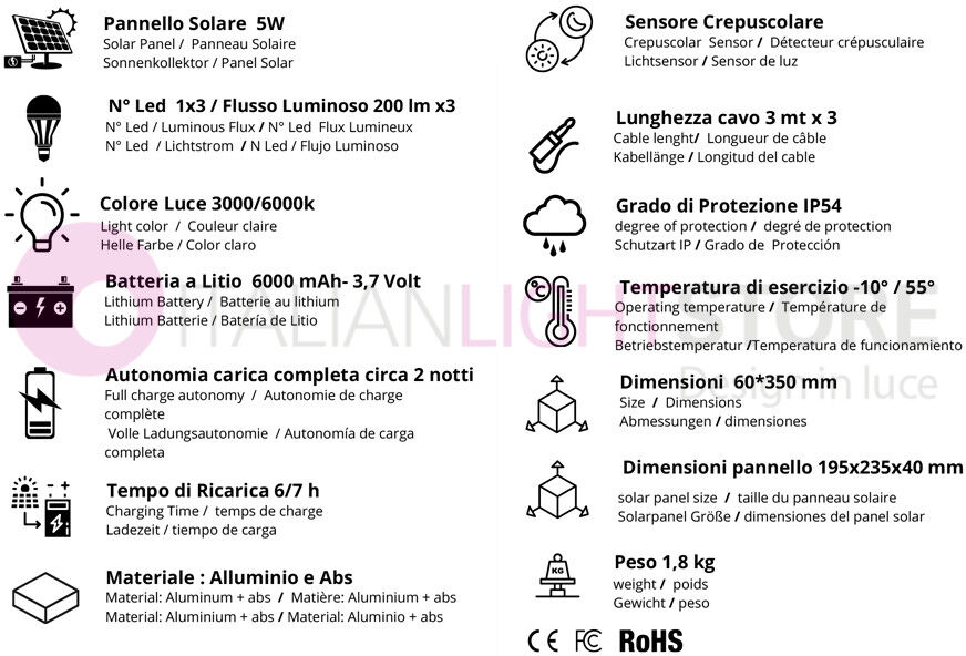 Techno Kit 3 Faretti Solari Led 600 Lm Con Picchetto E Pannello Incluso