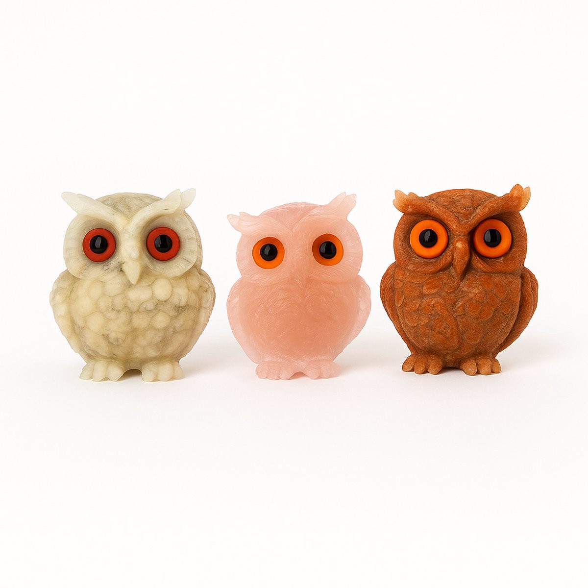 S4H Set van 3 Edelsteen Uilen met Rode Jaspis, Howliet en Rozenkwarts