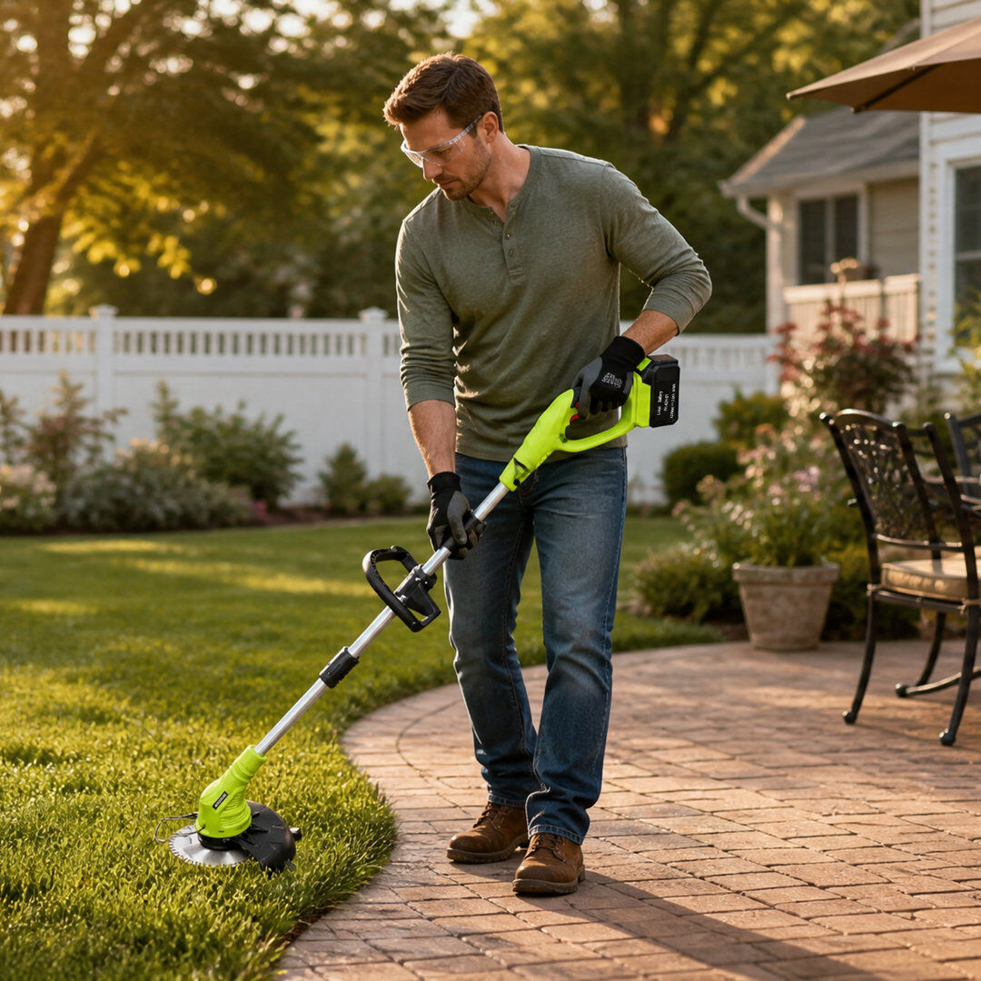 Rebrilliant Cordless Grass Trimmer Strimmer, Battery Powered Garden Grass Cutter with Adjustable Telescopic Shaft, Multi‑Type Cutting Blades, Safety Lock, Lightwe Green 116cm H X 25cm W X 20cm D