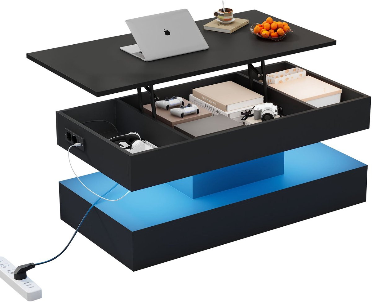 Merax Salontafel met Verstelbaar Tafelblad, Verlichting en Stopcontact - Zwart