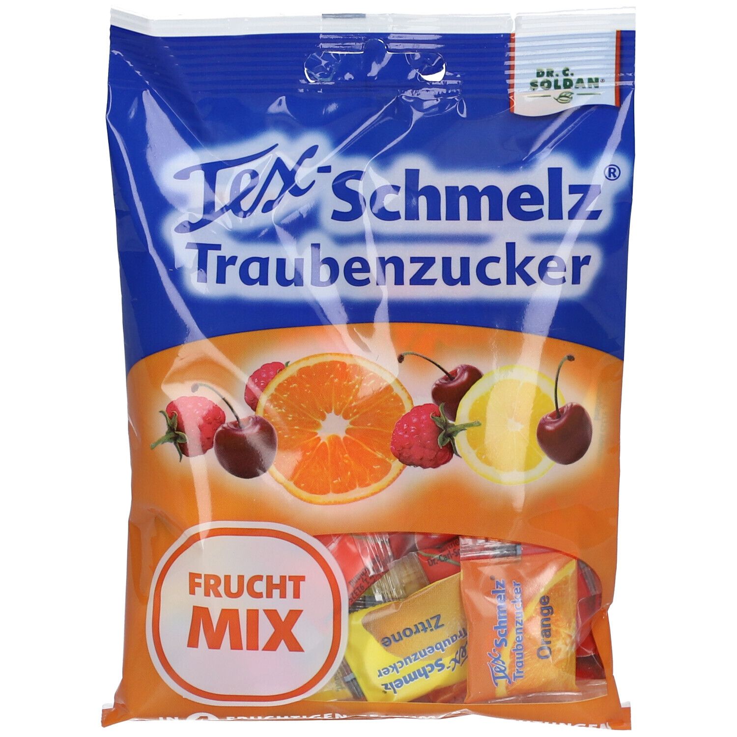 Soldan Tex Schmelz Traubenzucker Frucht-Mix Beutel 75 g Kautabletten