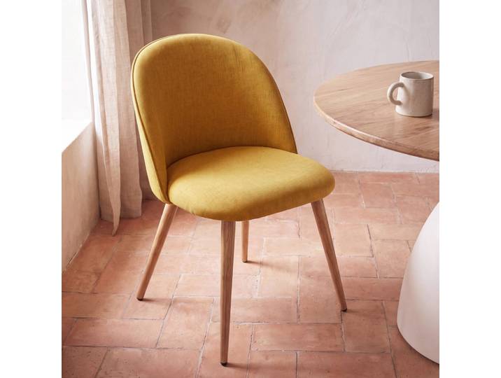 Chaise vintage en tissu recyclé ocre et acier imitation chêne