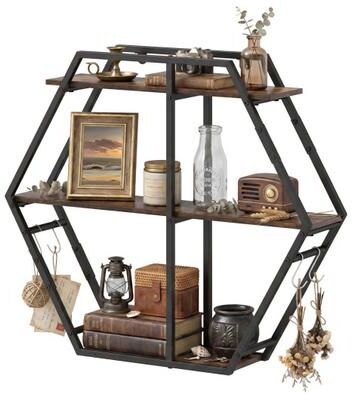 Costway 3-Tier Geometric Bookcase with S-Shaped Hooks for Living Room-Rustic Brown
