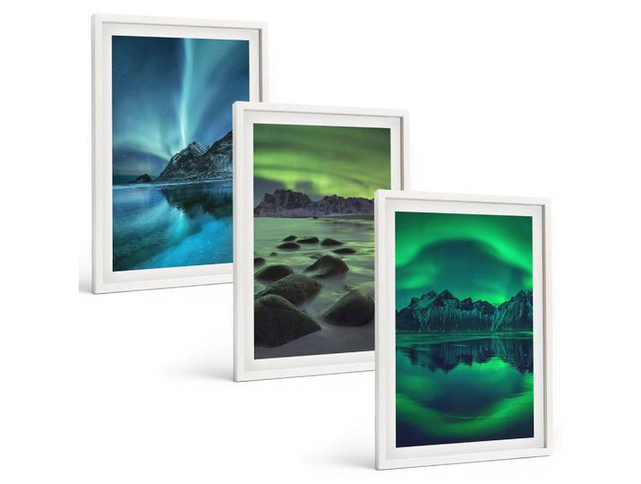 Tulup Bilder SET 3er Set - 40x60 cm Weißer Rahmen - Winterlandschaft der Aurora borealis, Kunststoff, Rechteckig, 40x60 cm, gerahmt, Bilder & Rahmen, Bilder