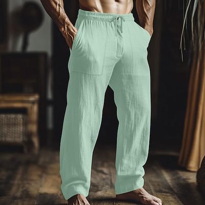 Herren Leinenhosen Hose Sommerhose Baggy-Hosen Elastischer Bund Gerader Schnitt Einfach Komfort Atmungsaktiv Volle Länge Lässig Täglich Ferien Mode Klassicher Stil Lässiger Schnitt Schwarz Hellgrün