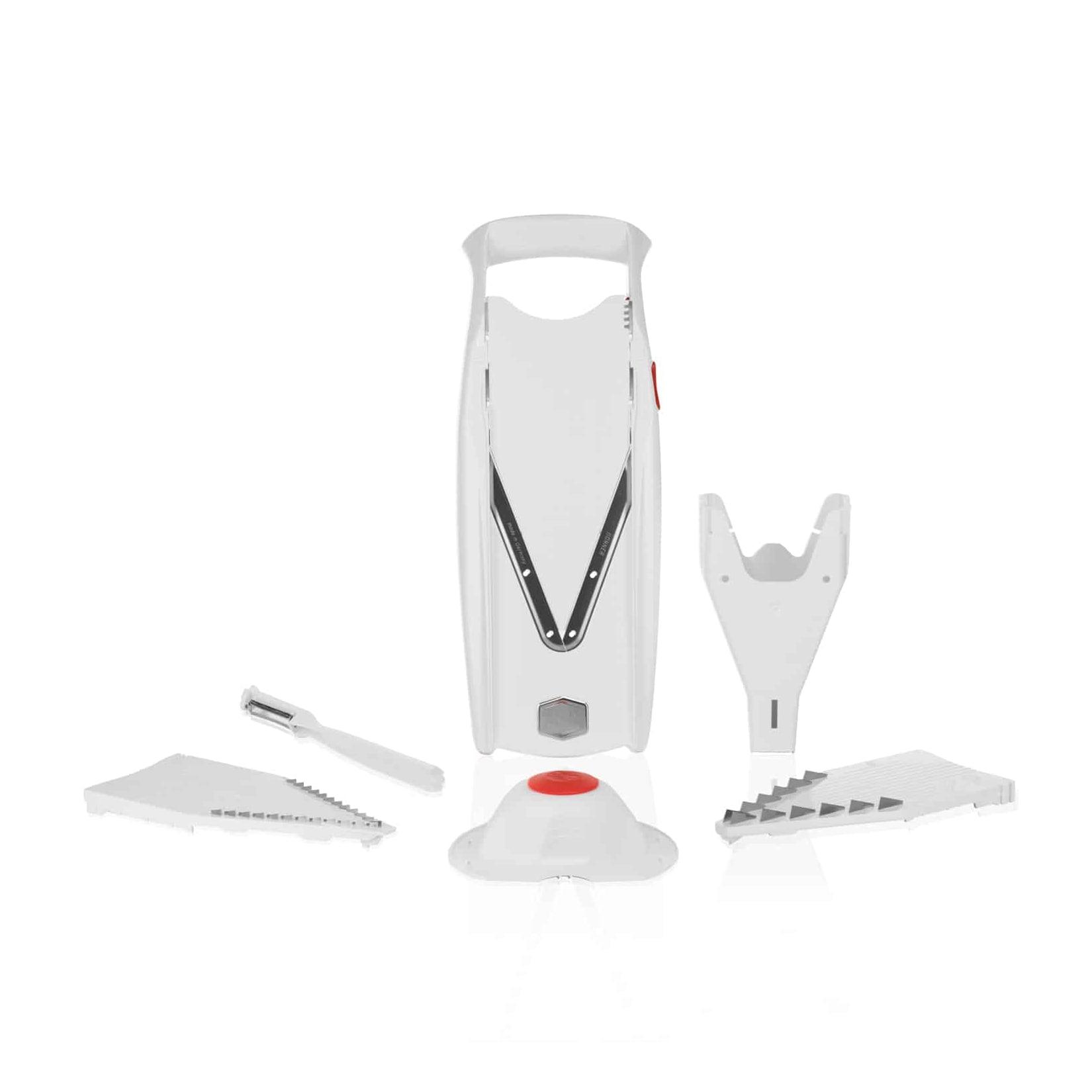 Börner V5 PowerLine Plus Set Gemüsehobel, Obst- & Gemüseschneider mit Fruchthalter, Scheibeneinschub, Sparschäler, 10 Schnittarten, 6 tlg. Set, Weiß