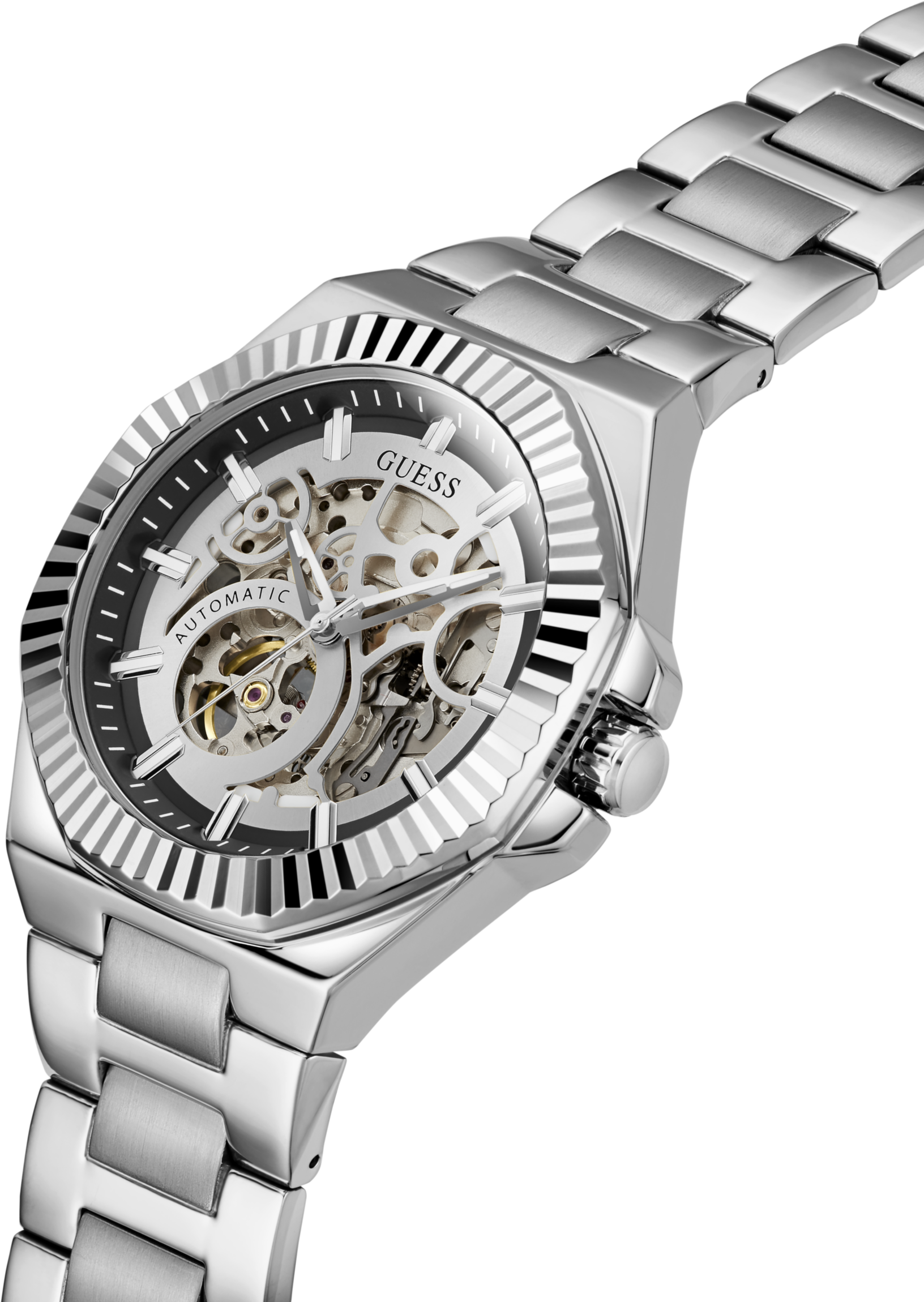 Automatikuhr GUESS "EQUITY", silber (silberfarben, schwarz), Armbanduhren, Herren, silberfarben, Automatikuhr, Armbanduhr, Herrenuhr, Mechanische Uhr, Edelstahlarmband, analog, Tag