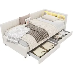 MODFU Daybett 90x200 aus Leinen und MDF mit Lattenrost, LED-Beleuchtung, Farbwechsel, USB+Typ-C-Anschlüsse, zwei Schubladen, Ablagefächer, Beige