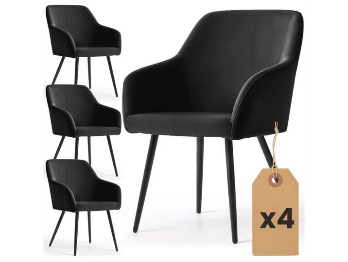 Lot de 4 Chaises en velours lisses ESTELLE Noir pieds noirs