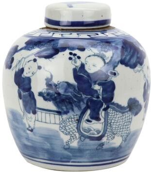 Legend of ASIA 6 in H Blue and White Mini Jar Boys with Kyrin Motif Porcelain