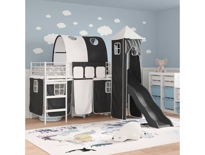KTHLBRH Bett Loft Kinder Metall Weiß Schwarz 90 x 190 cm Atmungsaktives Netzzelt, faltbar, multifunktionale Struktur, Verwendung im Innenbereich