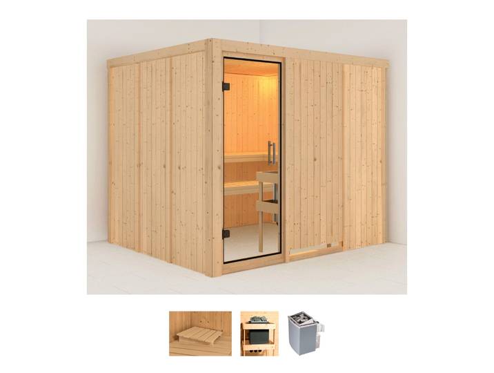 Sauna KARIBU Gitte , beige (naturbelassen), Saunaofen, integrierte Steuerung, 9 kW, Saunen, Sauna, Ofen 9 kW integr. Strg
