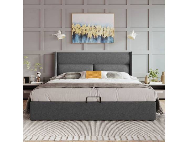 Lit double - Gris - 223x142x111 cm - Rembourr - Tiroirs de rangement - Sommier lattes