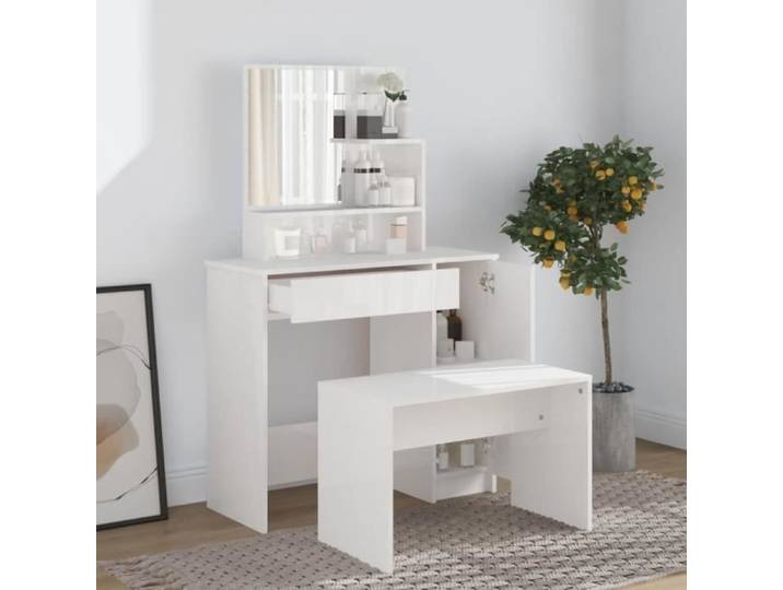 Coiffeuse - CUQUE - 84399 - Blanc brillant - Bois d'ingénierie - 1 tiroir - Miroir inclus