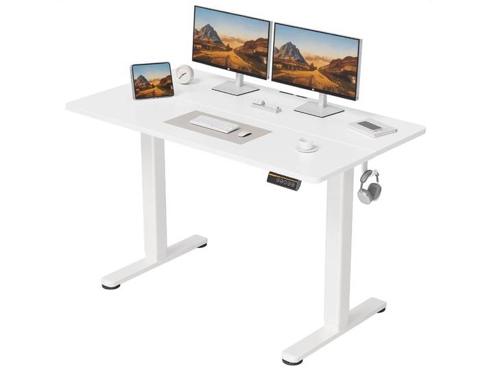 Bureau debout réglable en hauteur, bureau électrique assis-debout, bureau de télétravail avec plateau d'extension