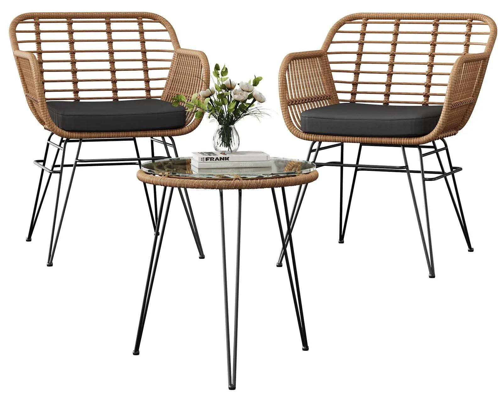 3-teiliges Rattan Gartenmöbel Set - Balkon Stuhlset mit Tisch - 2 Sessel + Glastisch - Metallgestell - Mit Kissen - Gelb