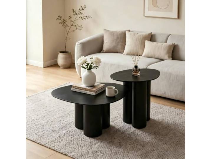 Couchtisch‑Set 2‑teilig, Couchtisch & Beistelltisch mit Echt‑Furnier, modernes Design für Wohnzimmer (Schwarz)