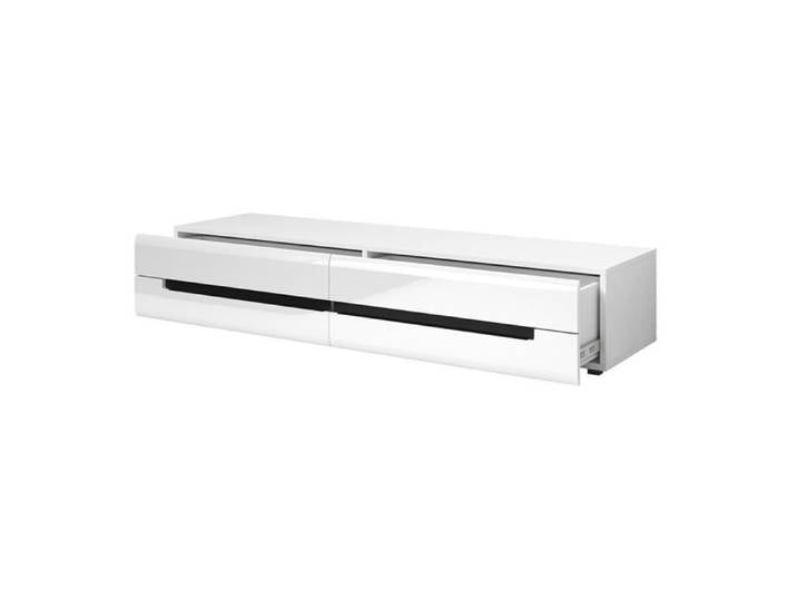 Meuble TV 180cm Collection LUCIA. 2 tiroirs coloris blanc façades brillantes. Style design. 50 Blanc