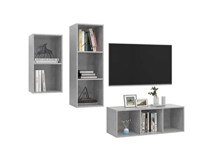 GKHPYURE TV-Möbel-Set, 3-teilig, Grau, Beton, Holz, mehrschichtig HiFi-Schränke, Wandbefestigung, 1 x 72 cm + 2 x 107 cm, leicht zu reinigen