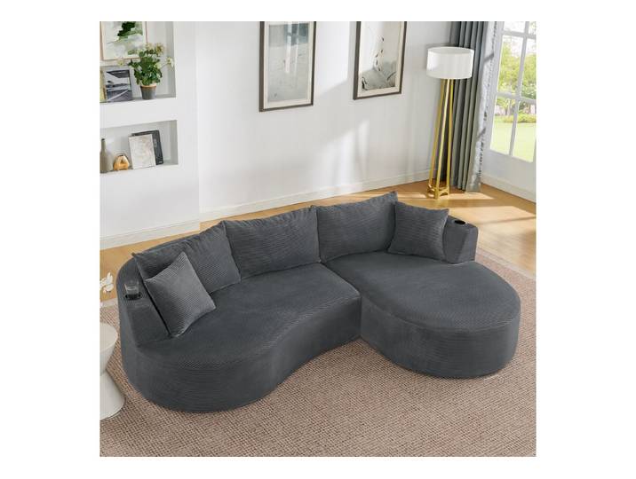 Celya Sofa 3-Sitzer Kompressionssofa, Chaiselongue und 2-Sitzer, Bogenförmiges Design, weicher Kordstoff, mit Getränkehalter und Kissen, für Wohnzimmer, Hotel, Apartment und Büro