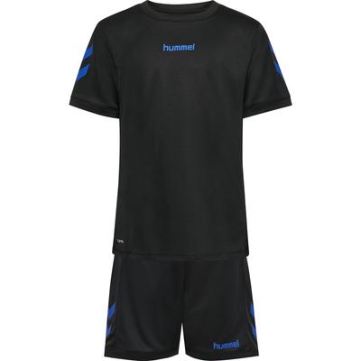 T-Shirt & Shorts HUMMEL "HMLBLAZE CLUB 26 POLY SET KIDS", Mädchen, Gr. 152, schwarz (schwarz, blau), Obermaterial: 100% Polyester, KOB Set-Artikel, mit Seitentaschen, mit gedrucktem Logo am Bein