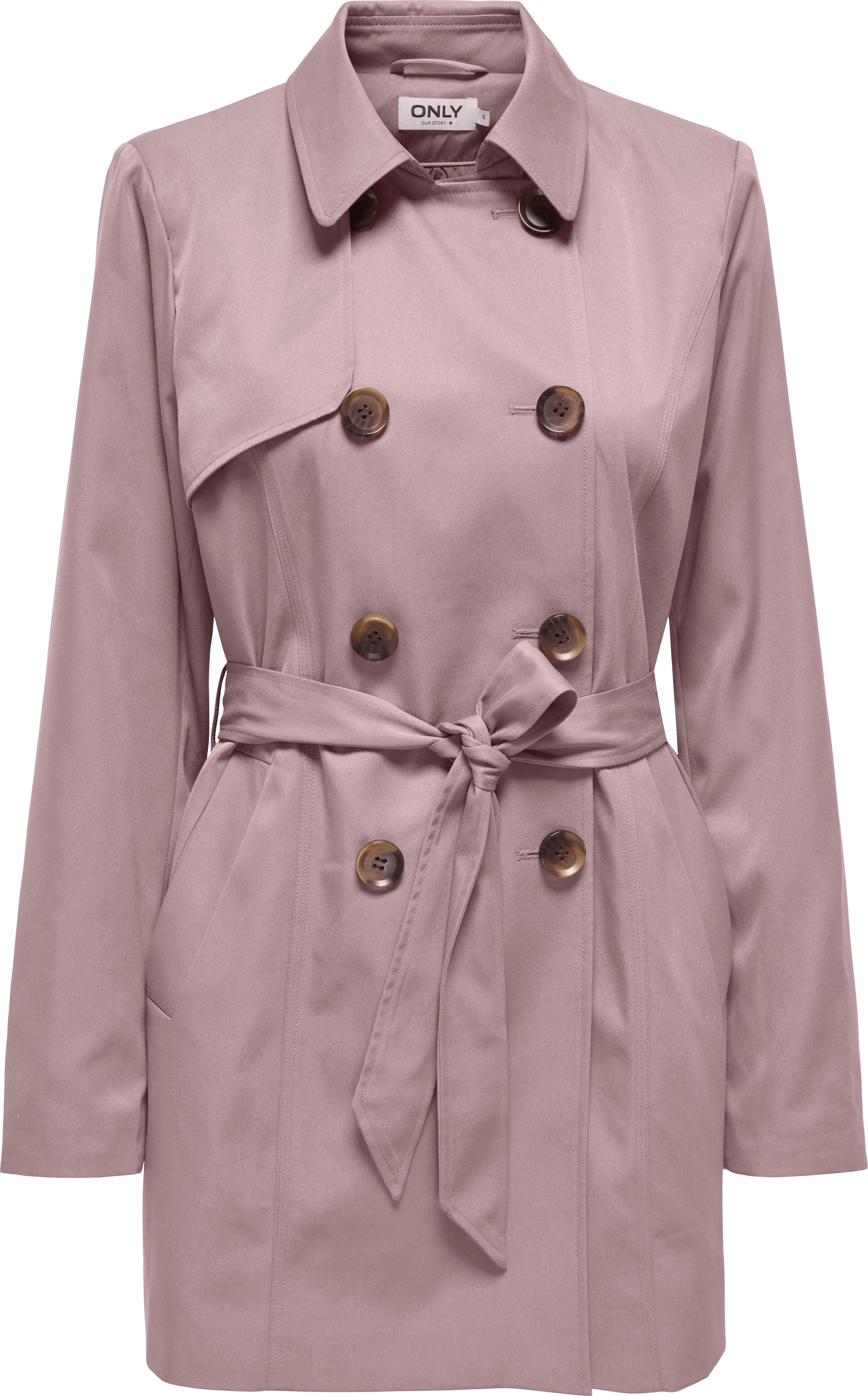 Trenchcoat ONLY "ONLVALERIE TRENCHCOAT OTW NOOS", Damen, Gr. XS, rosa (burnished lila), Web, Obermaterial: 100% Polyester, unifarben, figurumspielend ca. Mitte Oberschenkel, Mäntel Trenchcoat burnished lila XS