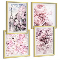 BILDER SET 4er Set - 50x50 cm & 40x60 cm Goldrahmen - Rosa Blumen, romantische Landschaft
