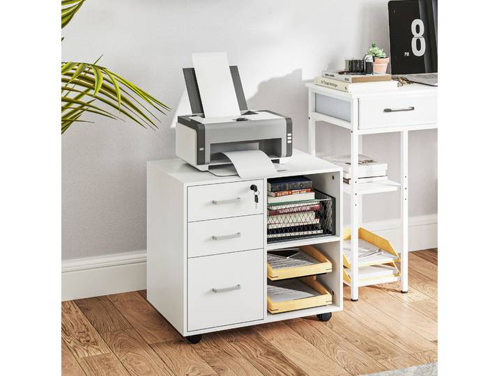 HOMCOM Commode Bureau 3 Tiroirs avec Serrure Blanc 60x40x56 cm