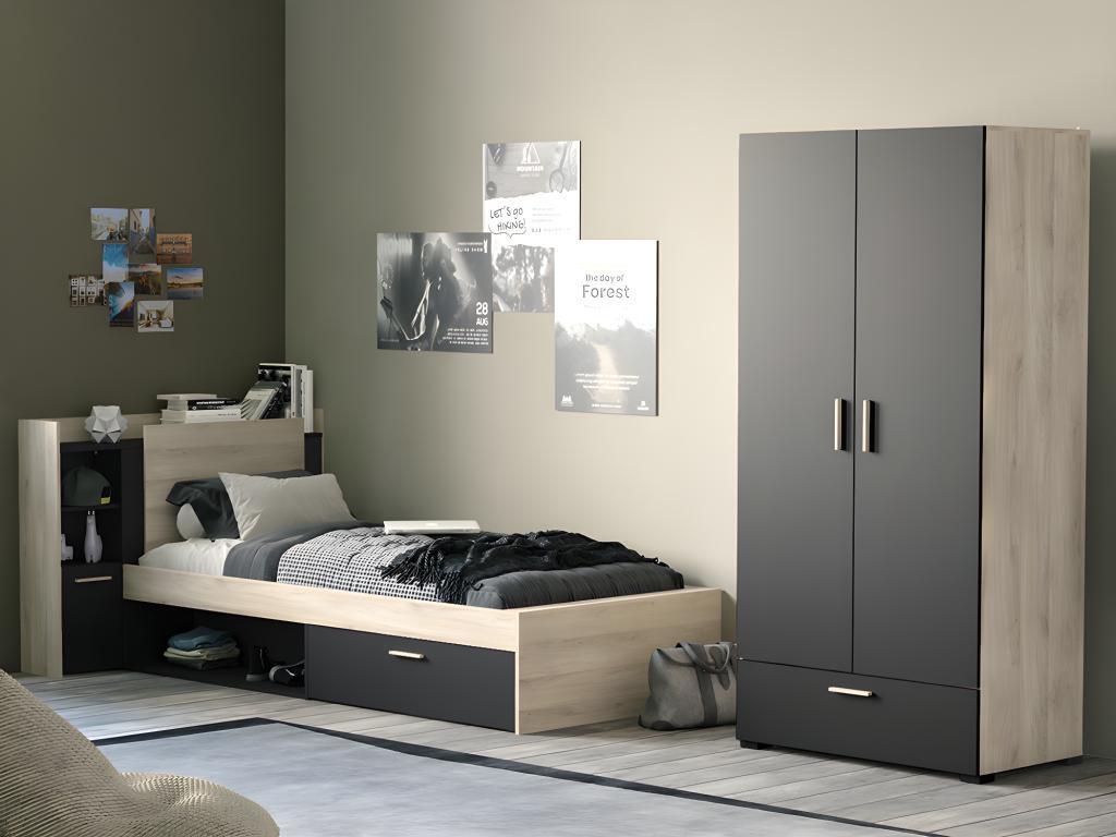 Kombi-Bett mit Stauraum - 90 x 190/200 cm - Schwarz & Holzfarben - MARTELO