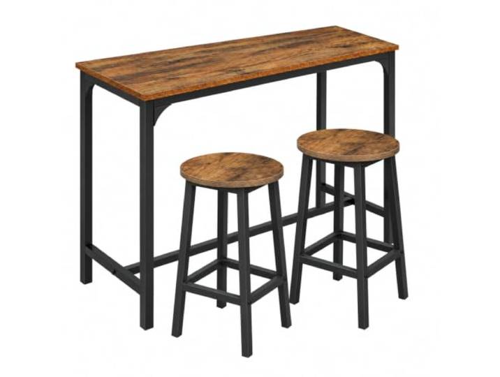 BEGRYF Bartisch Set mit 2 Hockern, 108 x 50 x 90 cm, Braun/Schwarz MDF und Metall, Set mit 2 Hockern, Tischhöhe 90 cm, kompakte Form, Querstreben, rustikale Holzoptik, für Esszimmer