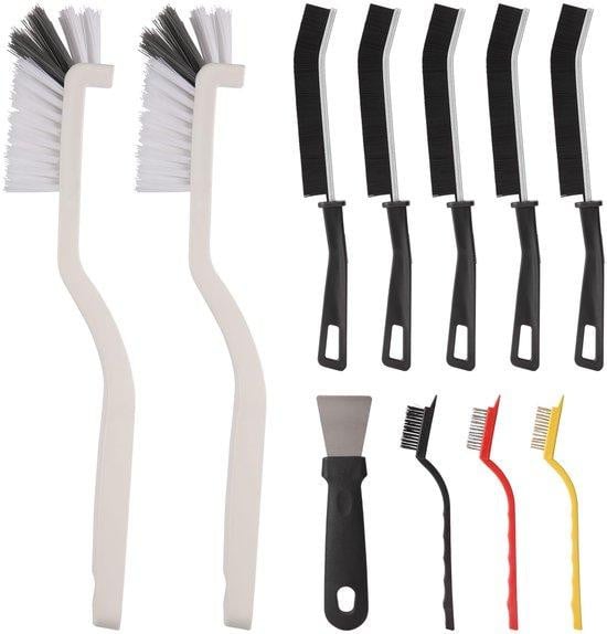 Unyqoos 11-delige reinigingsborstelset voor keuken en badkamer met metalen borstels, schrapers en ergonomische handgrepen