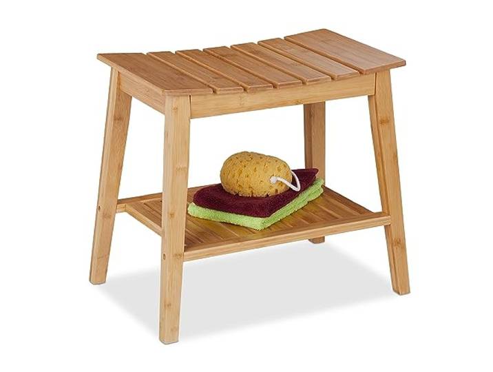Relaxdays badkamer bankje met plank, zitkruk van bamboe, natuur