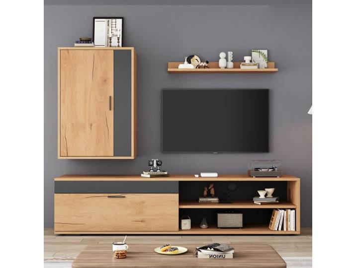 Ensemble meuble TV moderne - Dimensions totales : Meuble TV 140x35x39 cm - Armoire murale 52x28x77 cm