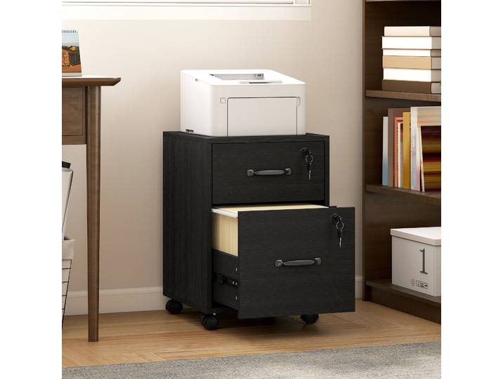 HOMCOM Caisson Bureau 2 Tiroirs Rangement Mobile Noir Roulettes