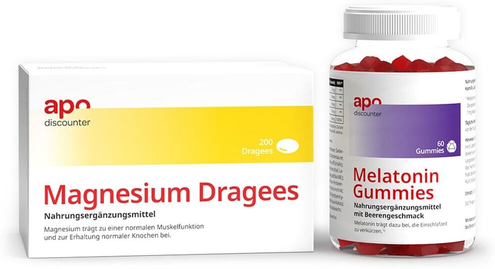 apodiscounter Schlaf Sparset – Magnesium Dragees 40 mg + Melatonin Gummies 1Set