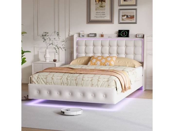 ADWOLT Lit 140×200 cm LED et USB cadre de lit flottant 140×200 cm sommier à lattes Velours blanc