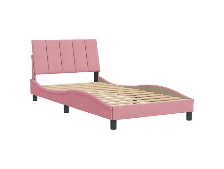 furnicato Bettgestell Bettrahmen mit Kopfteil 218x85x74,5 cm Rosa Samt und Massivholz (1-tlg), Bettgestell mit Klettverschlüssen für LED-Beleuchtung, Reißverschluss