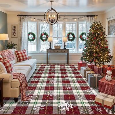 Garvee Christmas Plaid Snowflake Washable Low Pile Area Rug