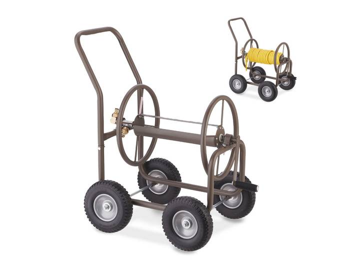 Relaxdays Schlauchwagen Braun Stahl 4 Vollgummiräder Kurbel 81 cm, Metall, Kunststoff, 50x81x80 cm, Gartenzubehör