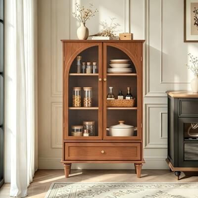 Farmhouse Arched Display Accent Cabinet, Storage Cabinet with Solid Wood Legs, Adjustable Shelves & Drawer