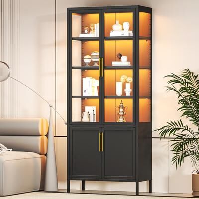 Lucky Monet 6-Tier Tempered Glass Curio Display Cabinet with 4 Doors, Adjustable Shelves, 13 Color Lights