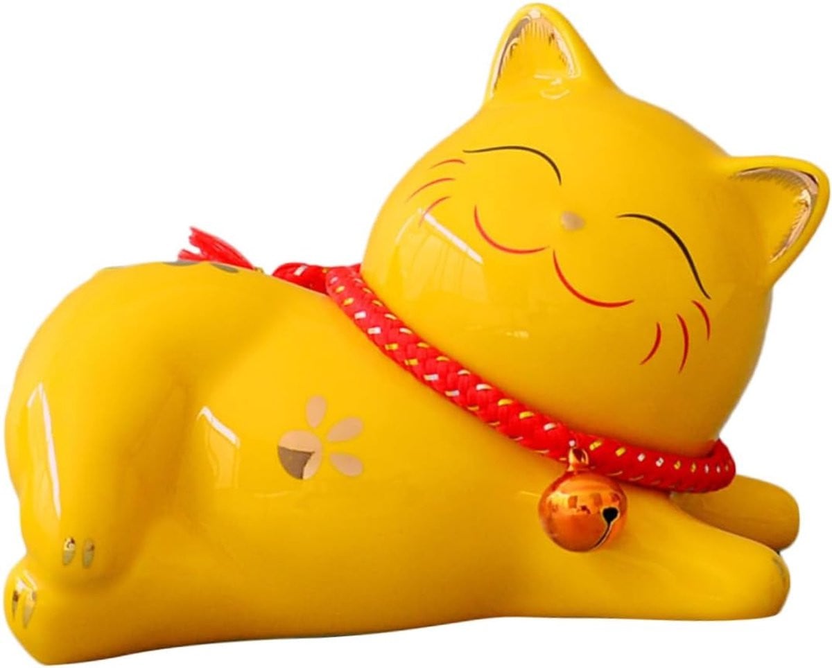 Geel Keramiek Kat Figuur - Cartoon Kat Decoratie voor op Tafel